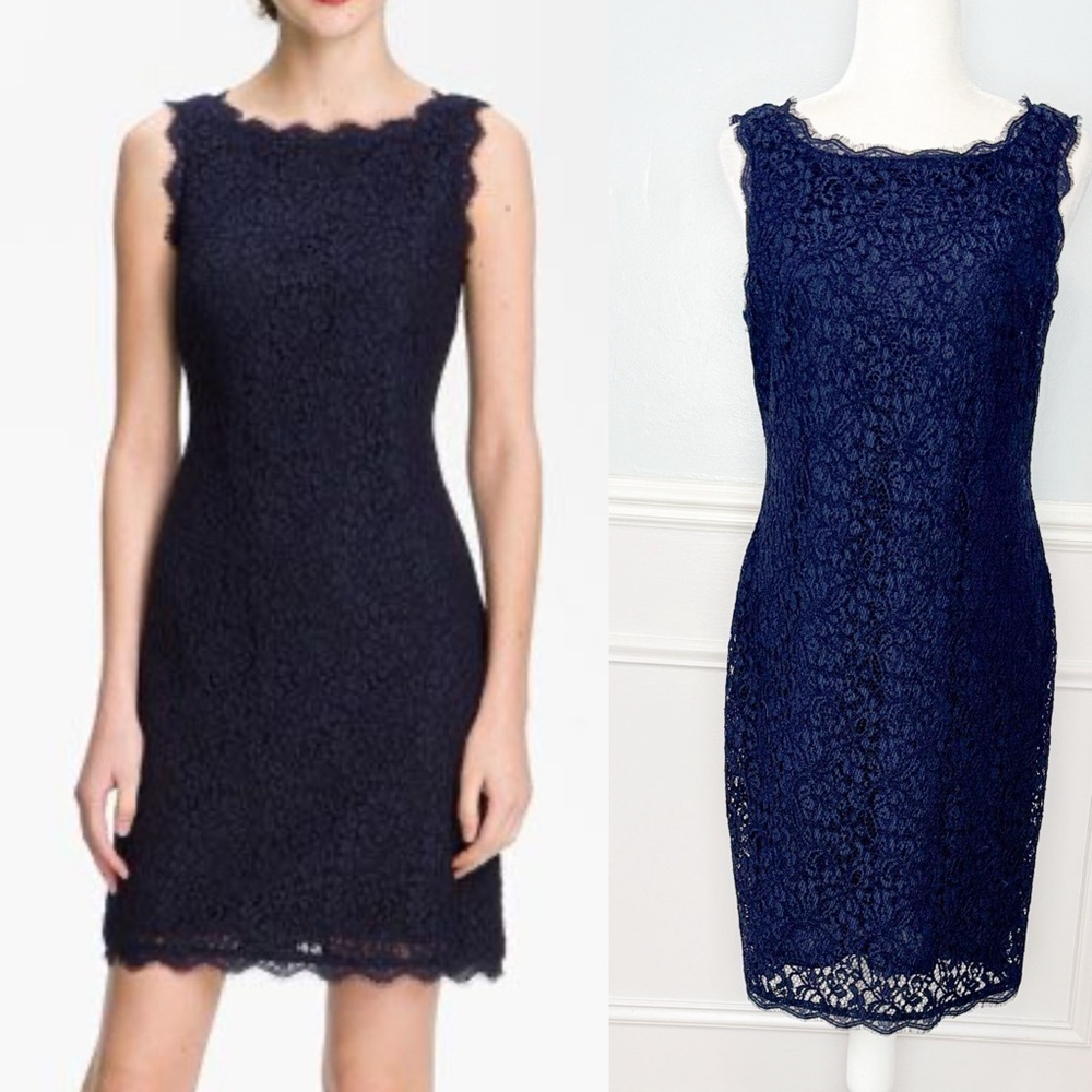 Adrianna Papell Lace Boat Neck Sheath Mini Dress Size 12 Navy Blue Formal
